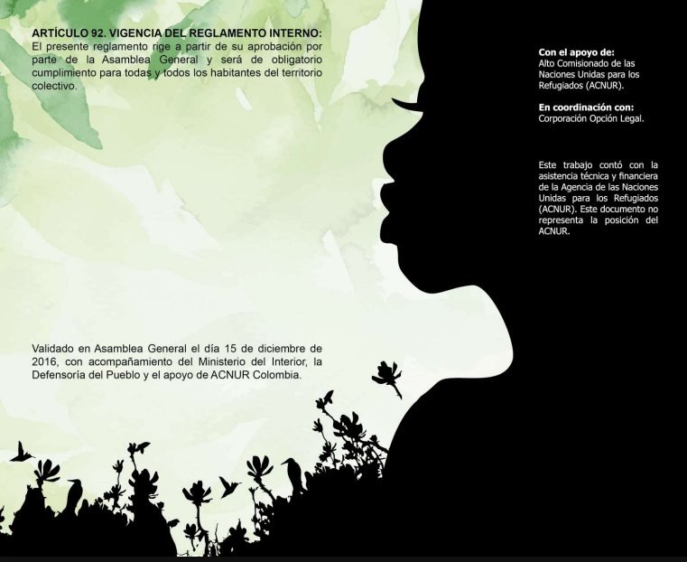Contraportada del reglamento: artículo 92 sobre su vigencia y créditos de apoyo de ACNUR y Corporación Opción Legal