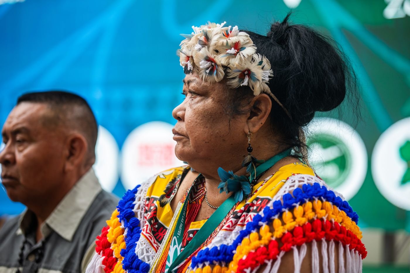Mujer indígena de perfil con corona de plumas y prendas tejidas de colores